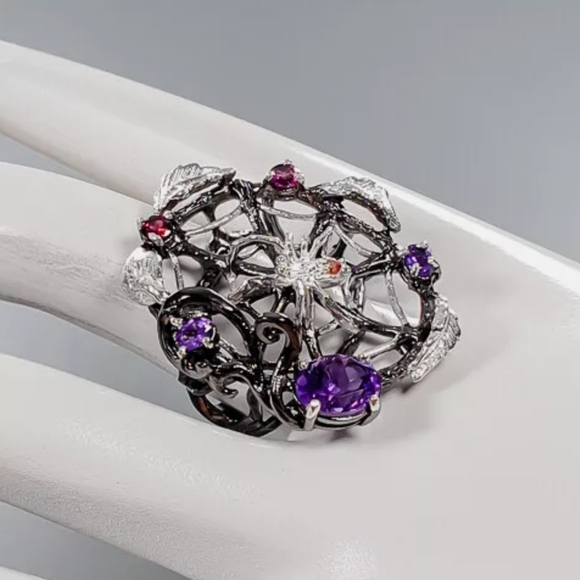 Amethyst & Garnet Sterling silver spiderweb ring sz8 - Picture 1 of 8